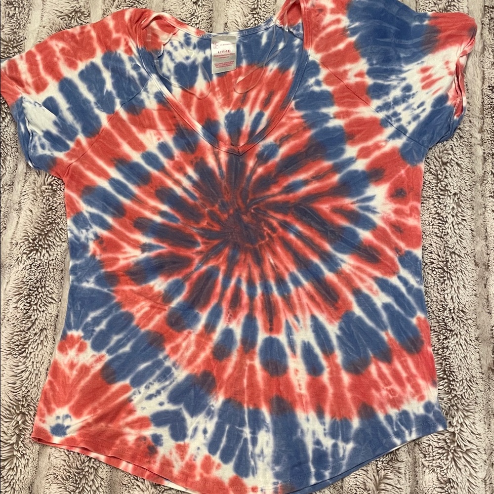 No Boundaries Red and Blue Tie-Dye juniors stretch forth of July Tee